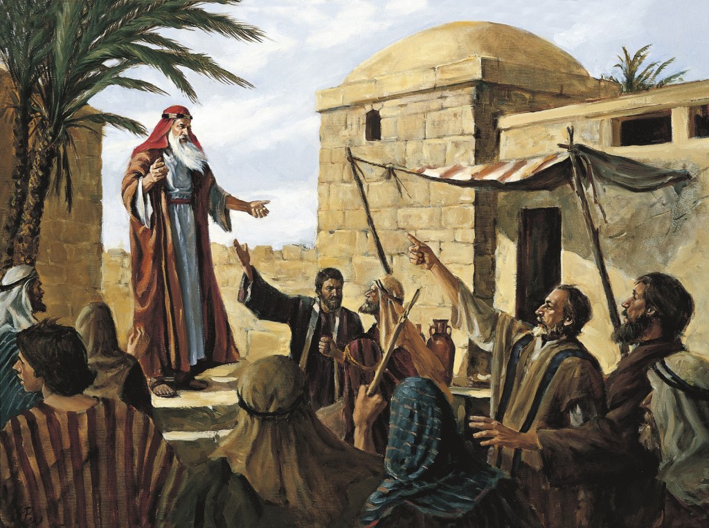 Lehi Prophesying to the People of Jerusalem (Lehi Preaching in Jerusalem), by Del Parson 